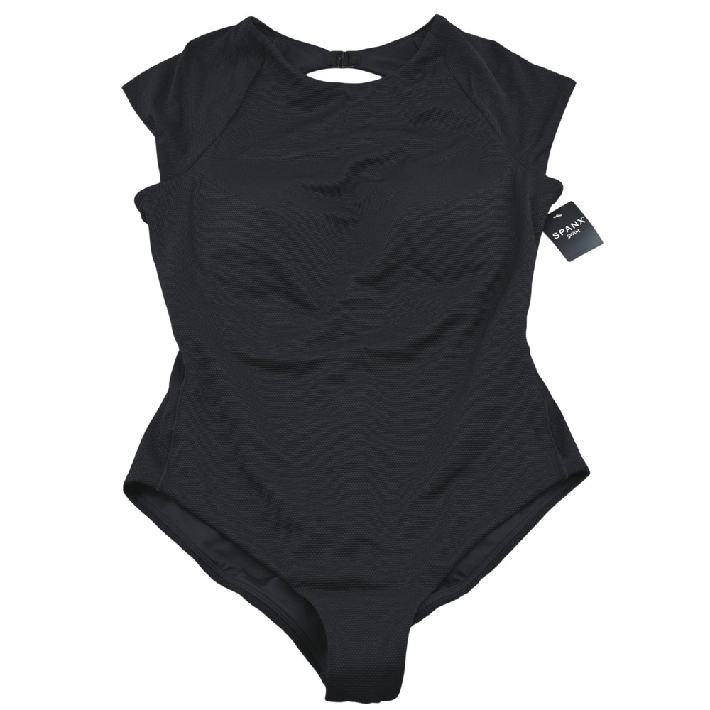Spanx NWT Pique Shaping High Neck Cap Sleeve One Piece Swimsuit XL Black Open
